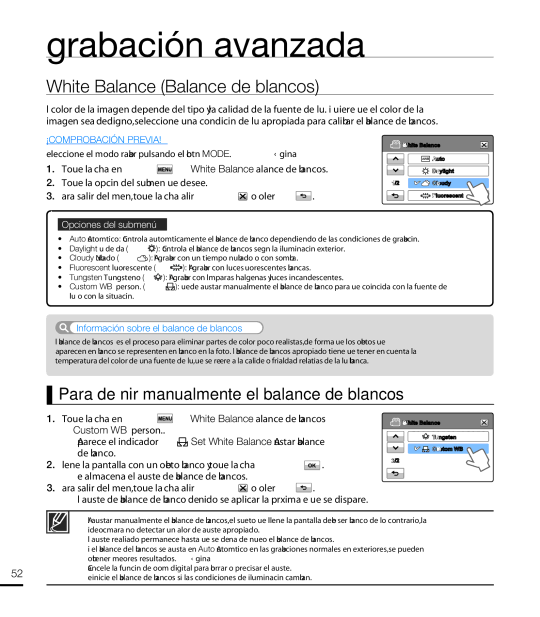 Samsung HMX-T10WP/EDC, HMX-T10BP/EDC White Balance Balance de blancos, Para deﬁ nir manualmente el balance de blancos 