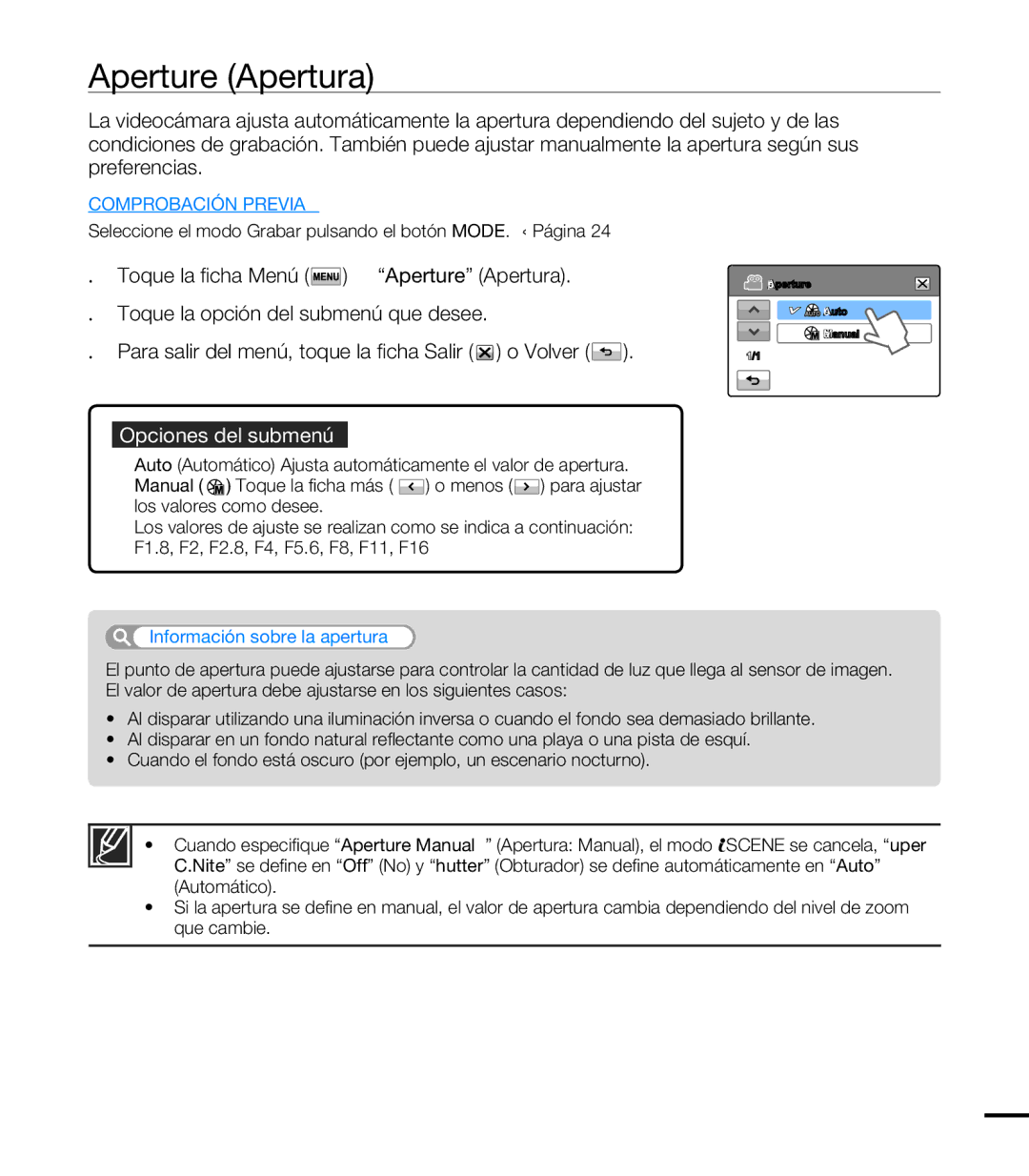 Samsung HMX-T10BP/EDC, HMX-T10WP/EDC manual Aperture Apertura, Información sobre la apertura 