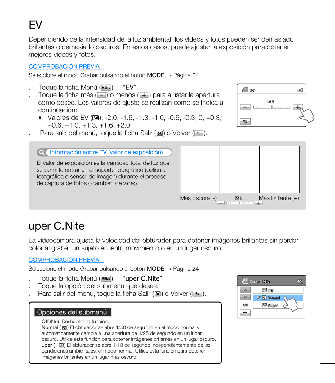 Samsung HMX-T10BP/EDC, HMX-T10WP/EDC manual Super C.Nite, Información sobre EV valor de exposición 