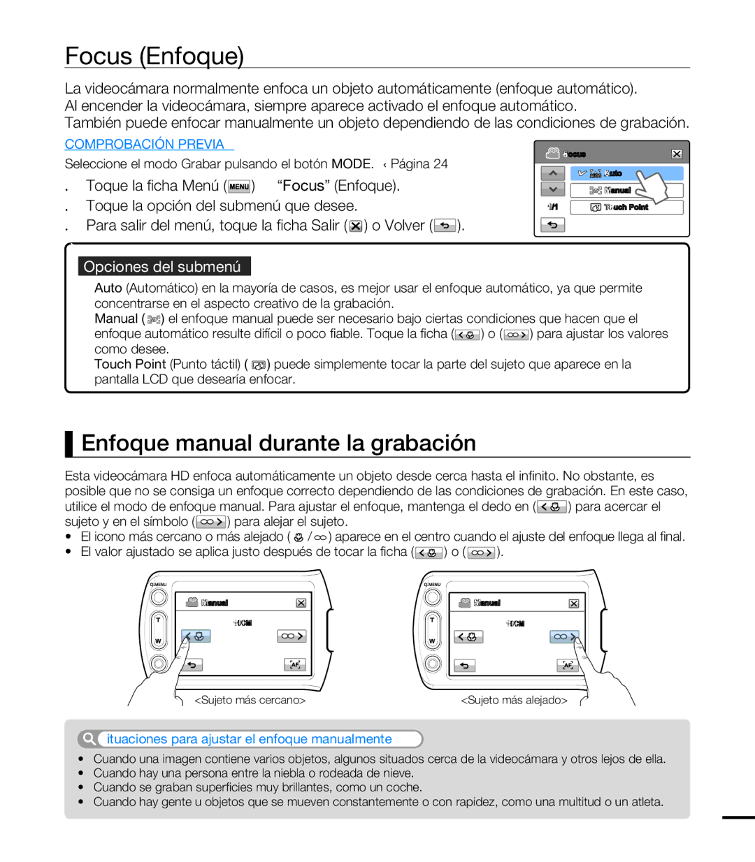 Samsung HMX-T10BP/EDC Focus Enfoque, Enfoque manual durante la grabación, Situaciones para ajustar el enfoque manualmente 