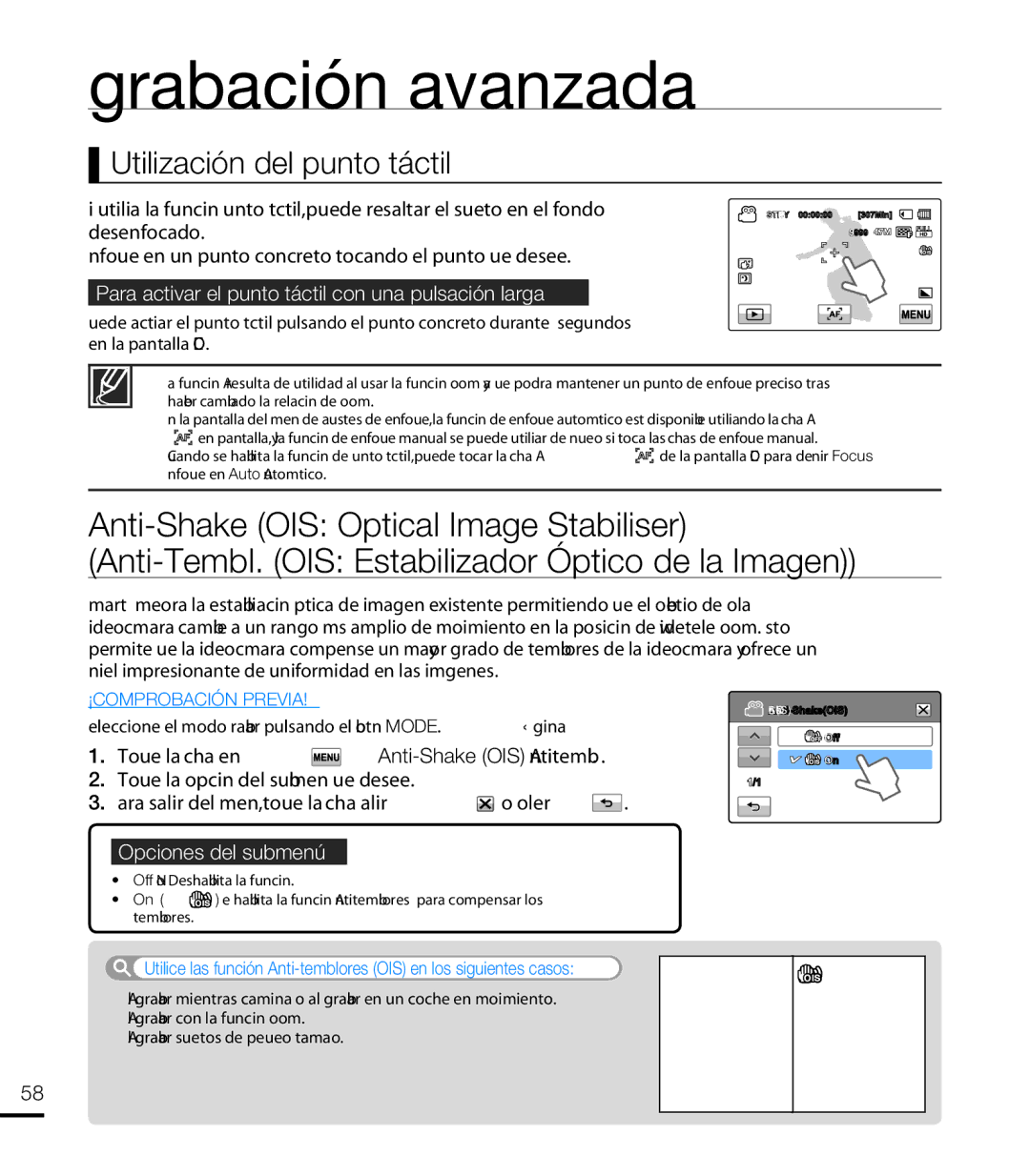 Samsung HMX-T10WP/EDC, HMX-T10BP/EDC Utilización del punto táctil, Para activar el punto táctil con una pulsación larga 