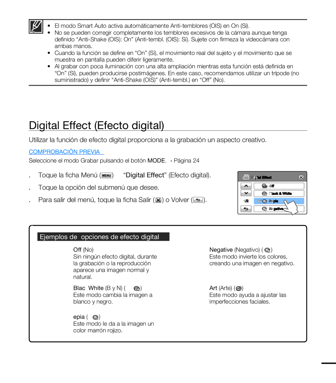 Samsung HMX-T10BP/EDC, HMX-T10WP/EDC manual Digital Effect Efecto digital, Ejemplos de 5 opciones de efecto digital 