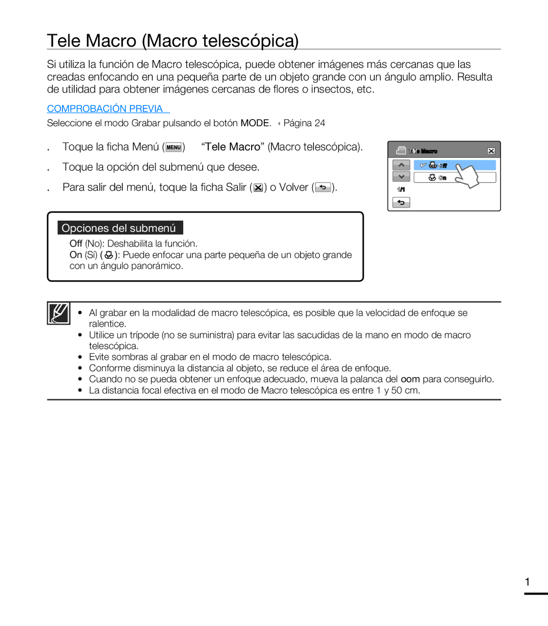 Samsung HMX-T10BP/EDC, HMX-T10WP/EDC manual Tele Macro Macro telescópica, Opciones del submenú 