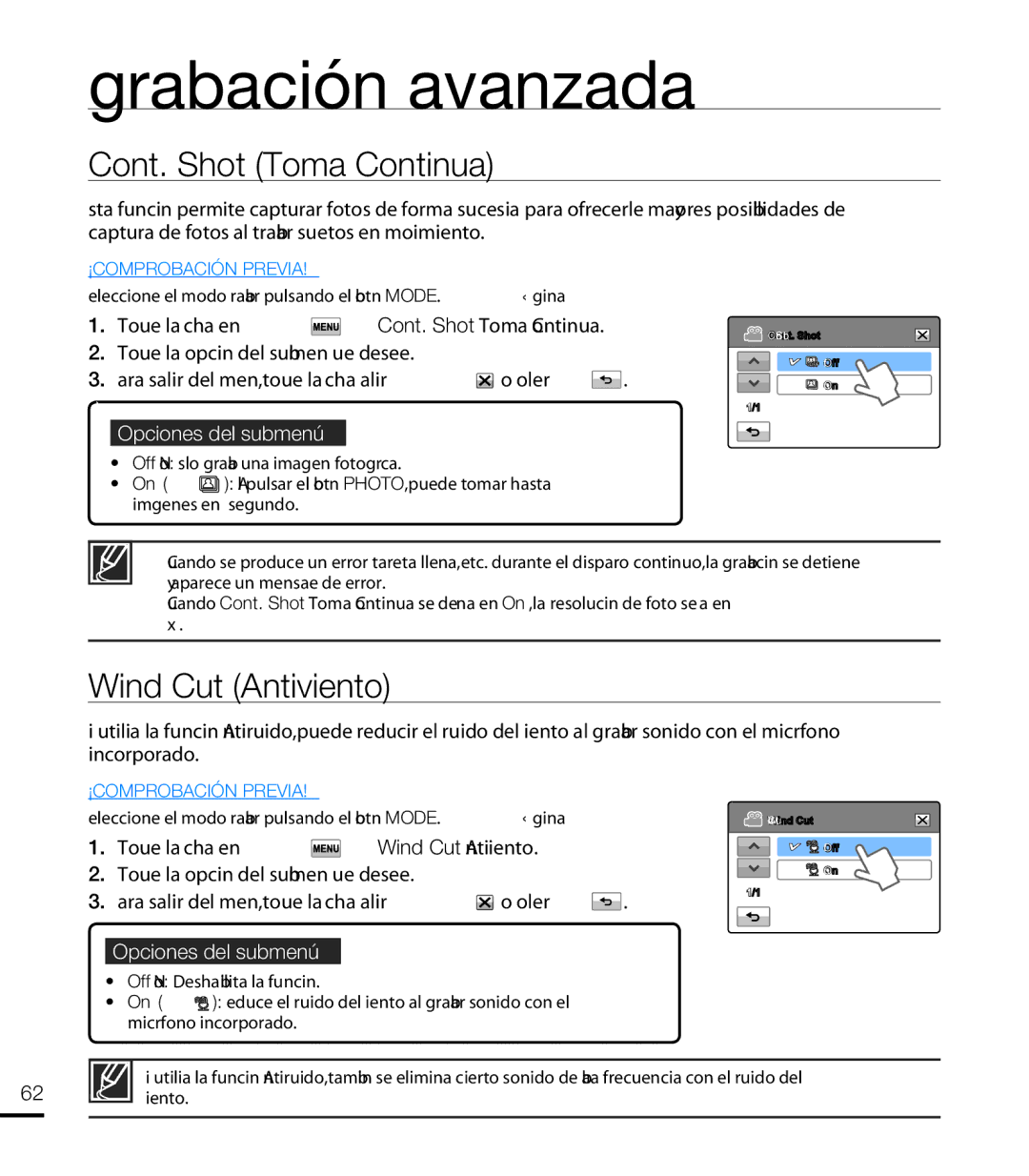 Samsung HMX-T10WP/EDC, HMX-T10BP/EDC manual Cont. Shot Toma Continua, Wind Cut Antiviento 