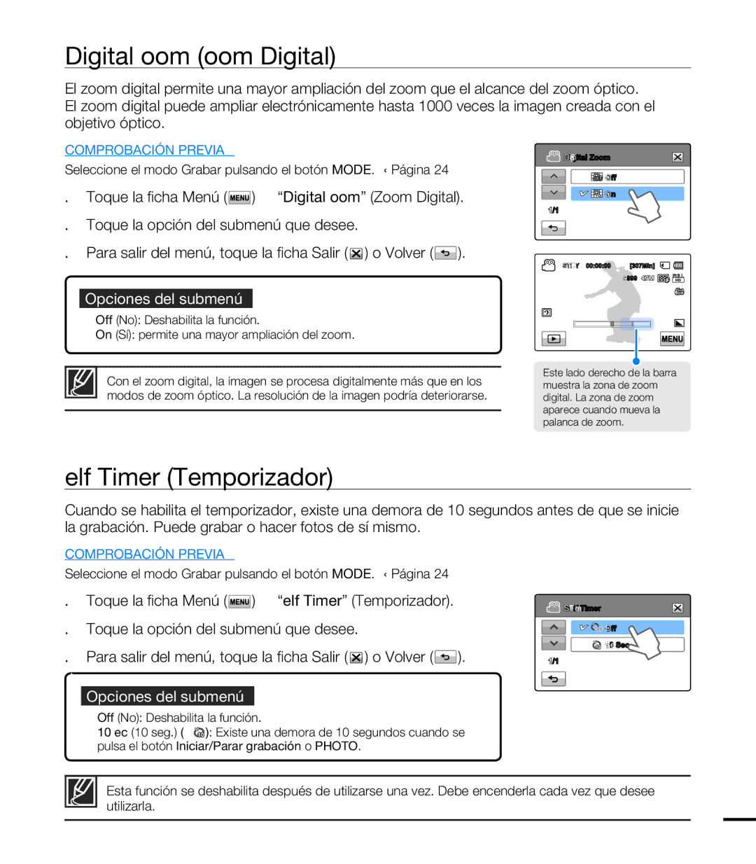 Samsung HMX-T10BP/EDC, HMX-T10WP/EDC manual Digital Zoom Zoom Digital, Self Timer Temporizador 