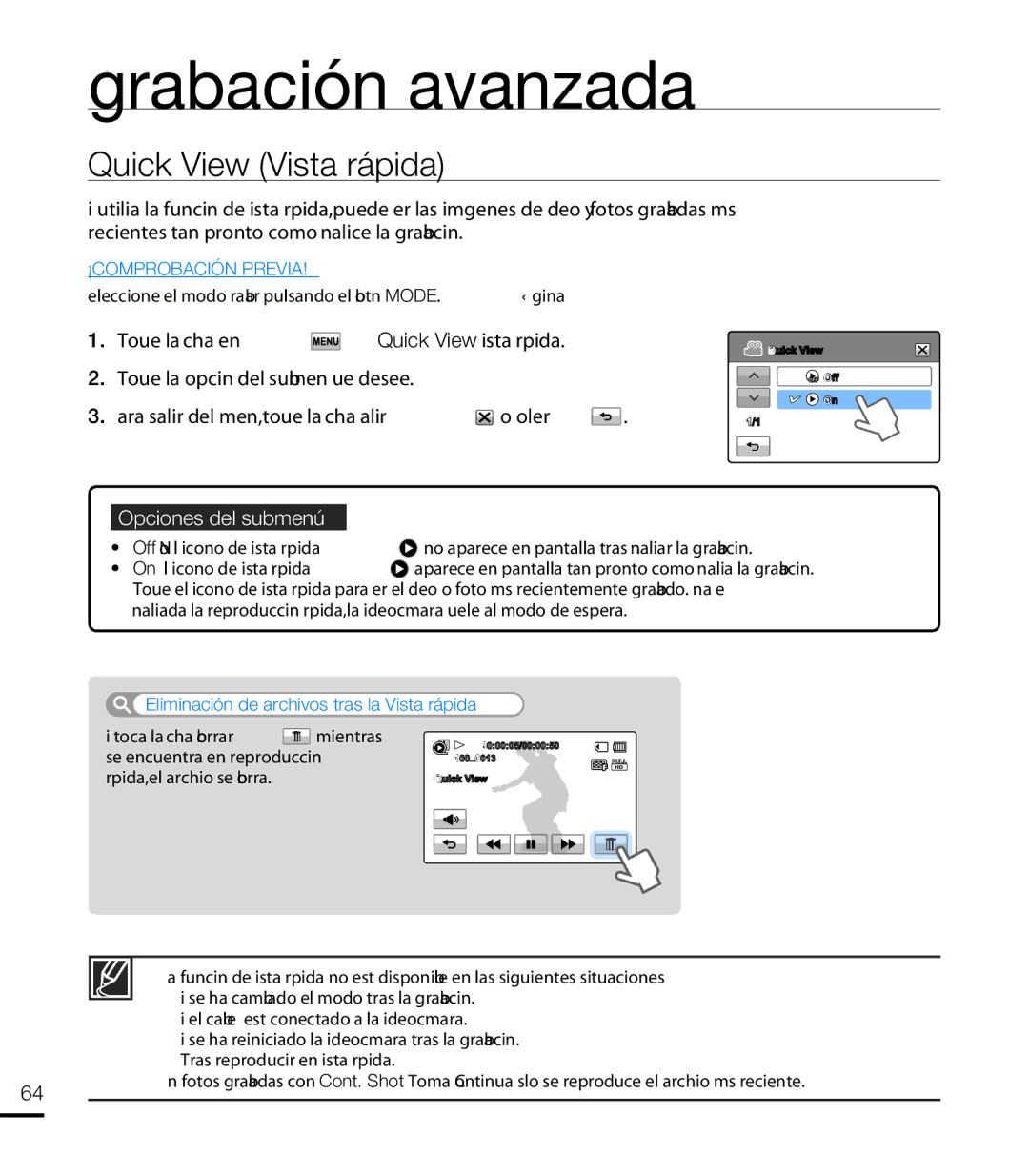 Samsung HMX-T10WP/EDC, HMX-T10BP/EDC manual Quick View Vista rápida, Eliminación de archivos tras la Vista rápida 