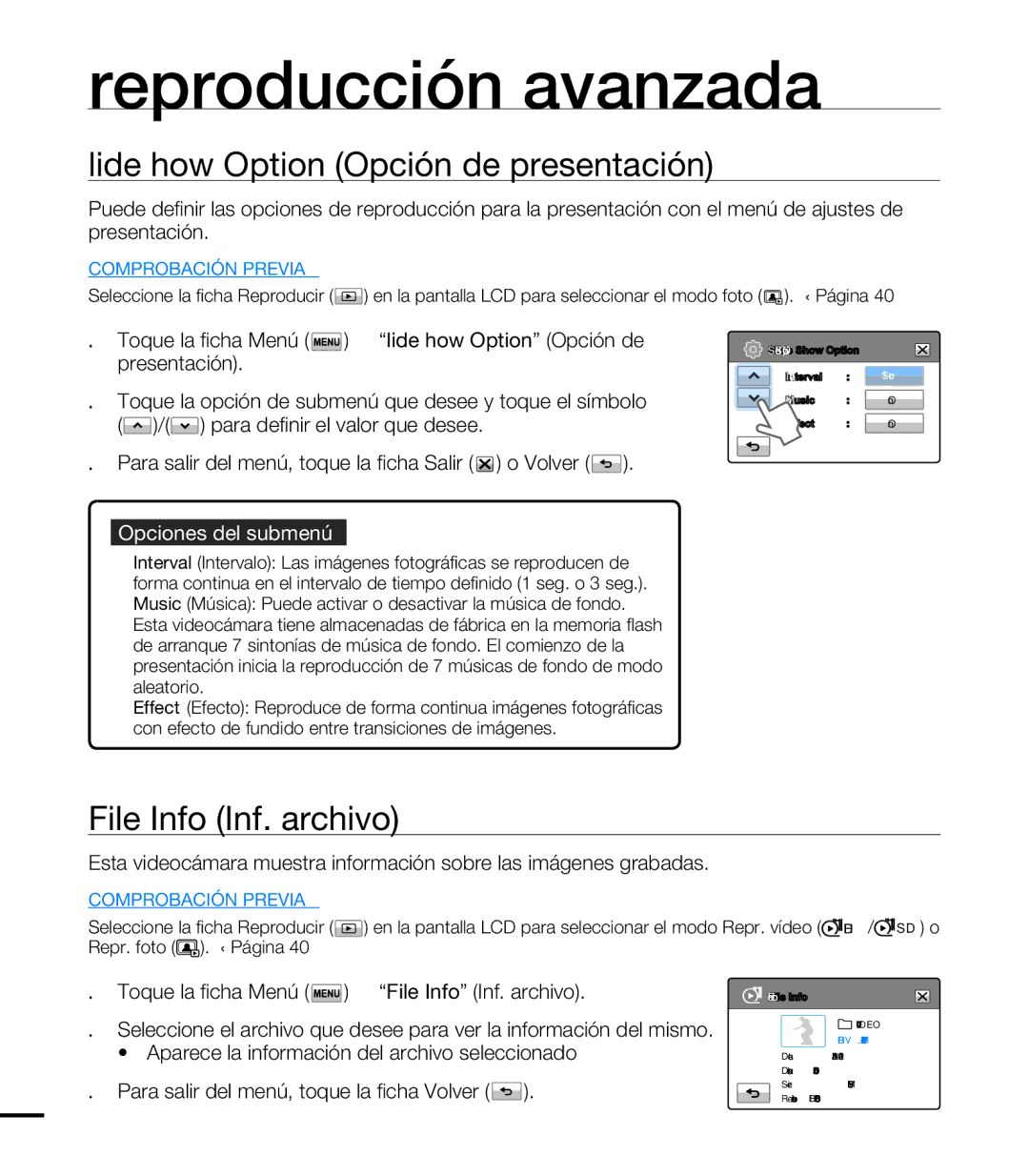 Samsung HMX-T10WP/EDC, HMX-T10BP/EDC manual Slide Show Option Opción de presentación, File Info Inf. archivo 