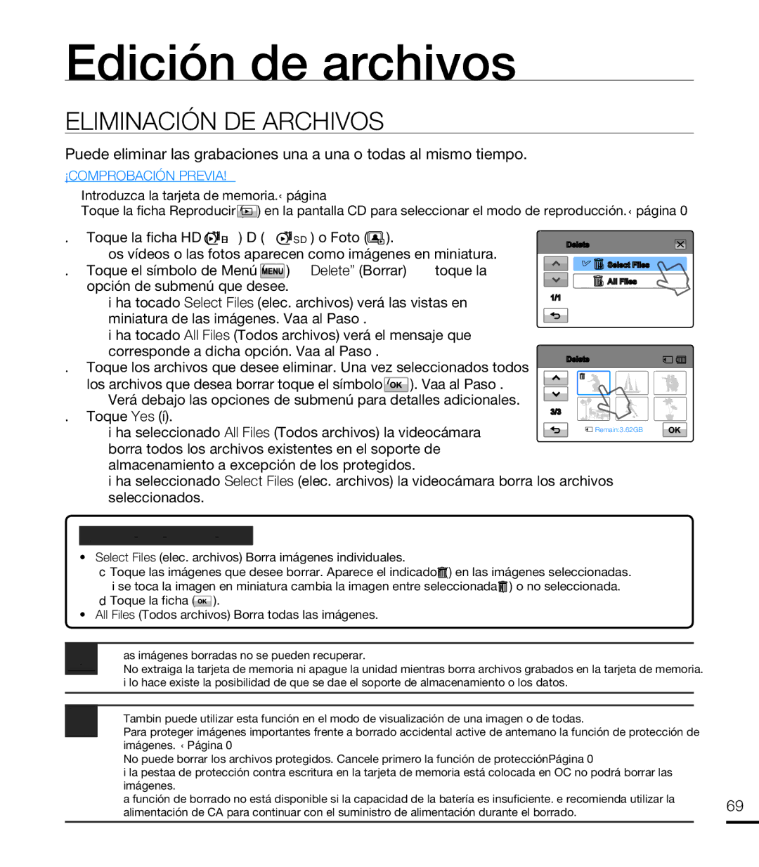 Samsung HMX-T10BP/EDC, HMX-T10WP/EDC manual Edición de archivos, Eliminación DE Archivos 