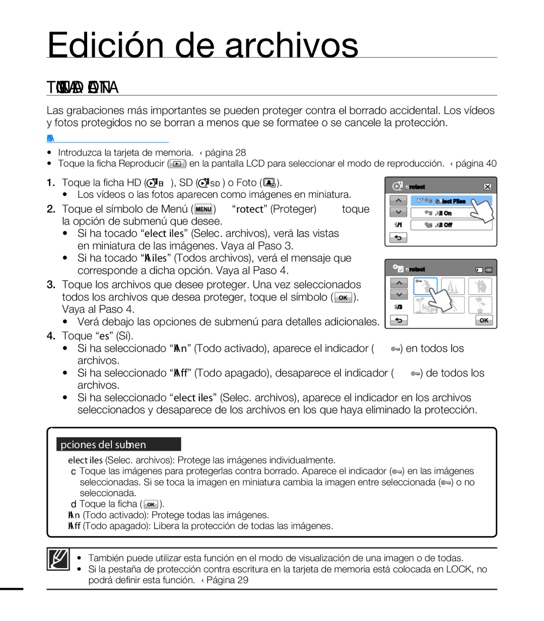 Samsung HMX-T10WP/EDC, HMX-T10BP/EDC manual Protección Contra Borrado Accidental 