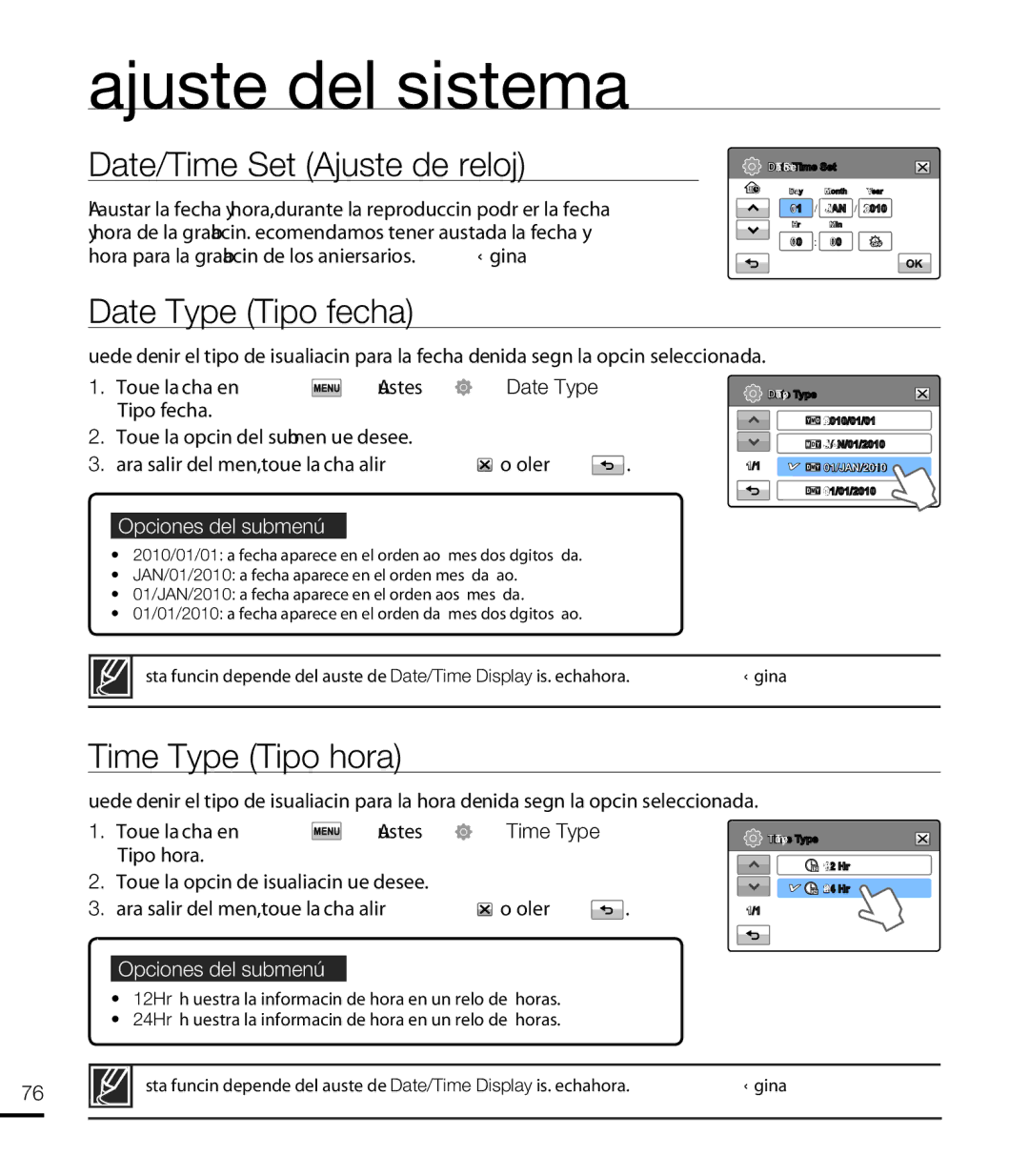 Samsung HMX-T10WP/EDC, HMX-T10BP/EDC manual Date/Time Set Ajuste de reloj, Date Type Tipo fecha, Time Type Tipo hora 