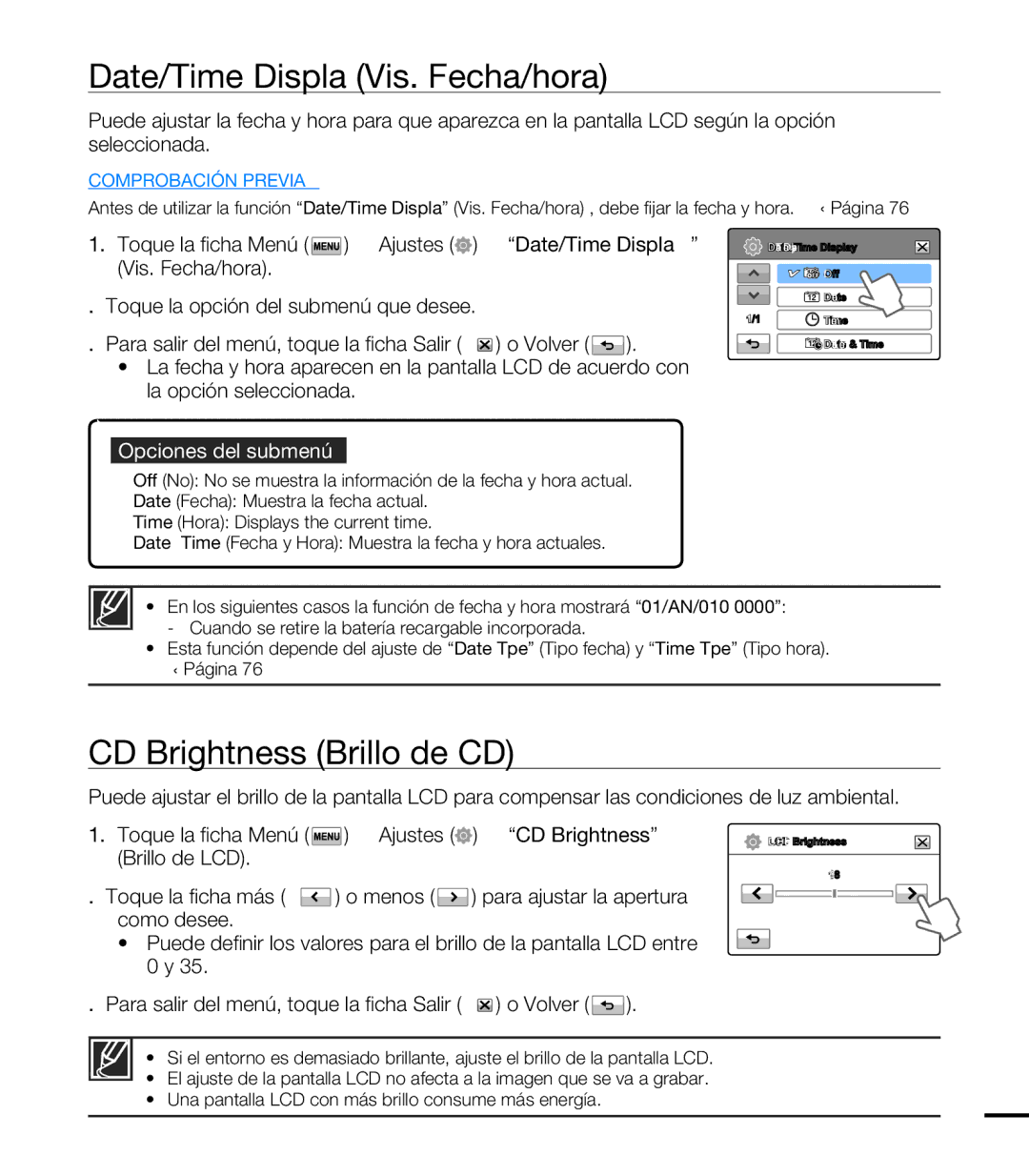 Samsung HMX-T10BP/EDC, HMX-T10WP/EDC manual Date/Time Display Vis. Fecha/hora, LCD Brightness Brillo de LCD 