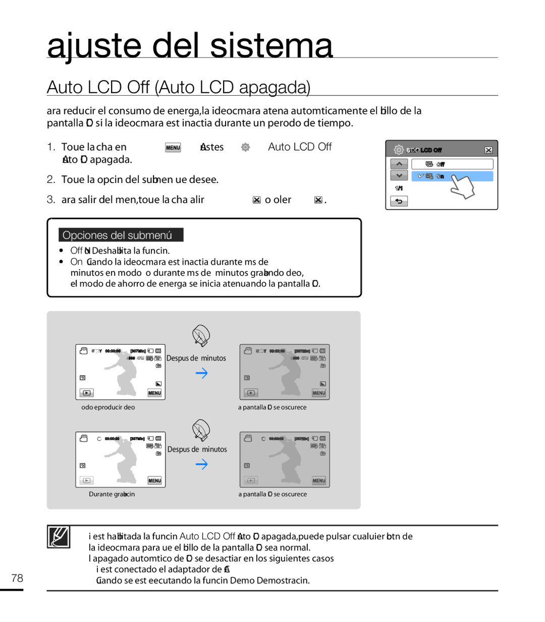 Samsung HMX-T10WP/EDC, HMX-T10BP/EDC manual Auto LCD Off Auto LCD apagada, Off No Deshabilita la función 