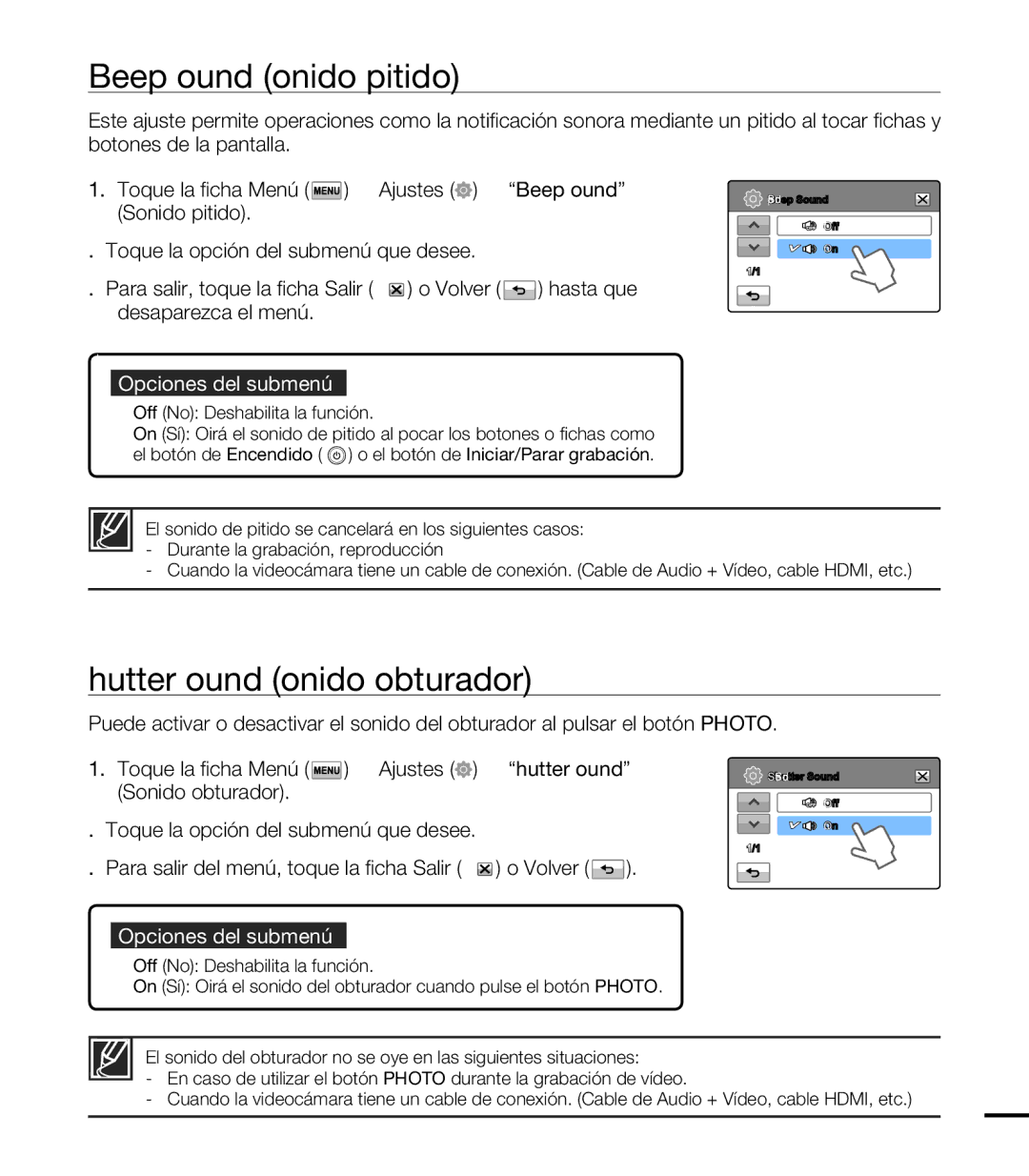 Samsung HMX-T10BP/EDC, HMX-T10WP/EDC manual Beep Sound Sonido pitido, Shutter Sound Sonido obturador 