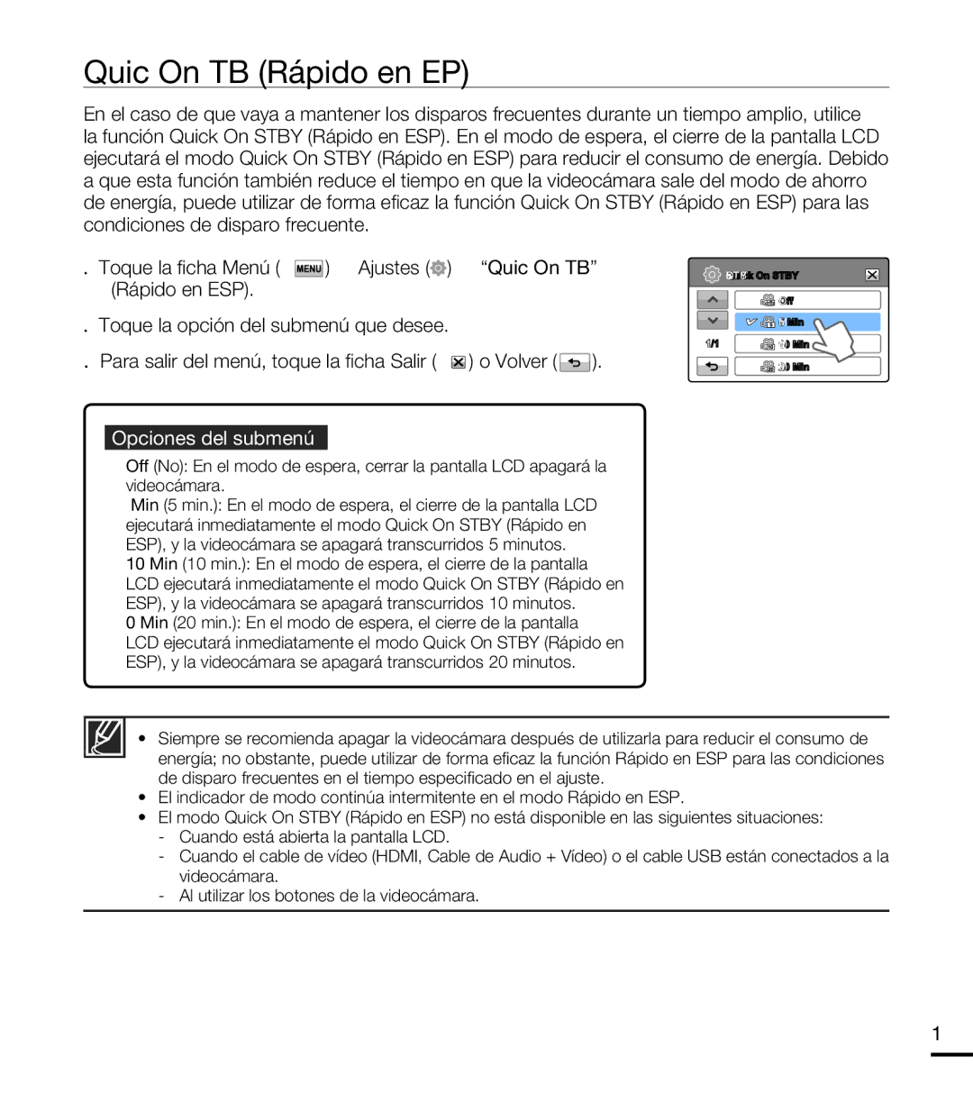 Samsung HMX-T10BP/EDC, HMX-T10WP/EDC manual Quick On Stby Rápido en ESP 