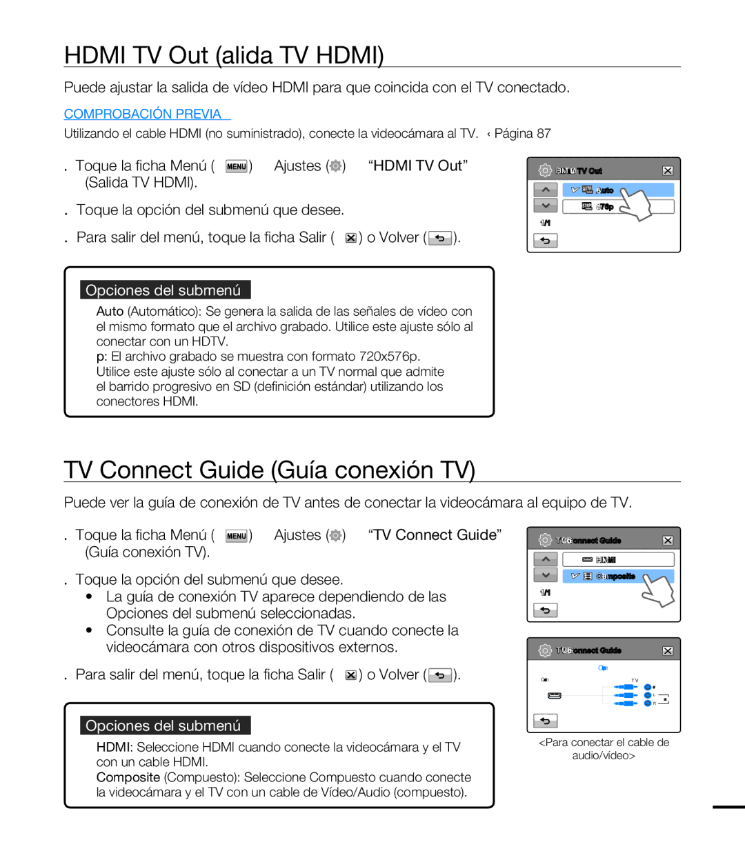 Samsung HMX-T10BP/EDC, HMX-T10WP/EDC manual Hdmi TV Out Salida TV Hdmi, TV Connect Guide Guía conexión TV 