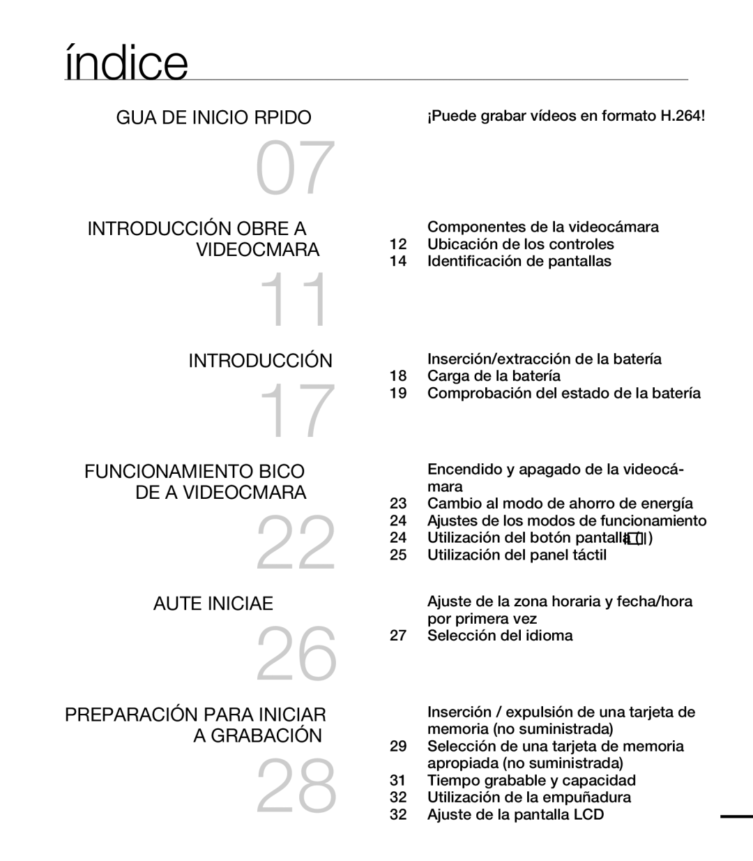 Samsung HMX-T10BP/EDC, HMX-T10WP/EDC manual Índice, Inserción/extracción de la batería, Carga de la batería 