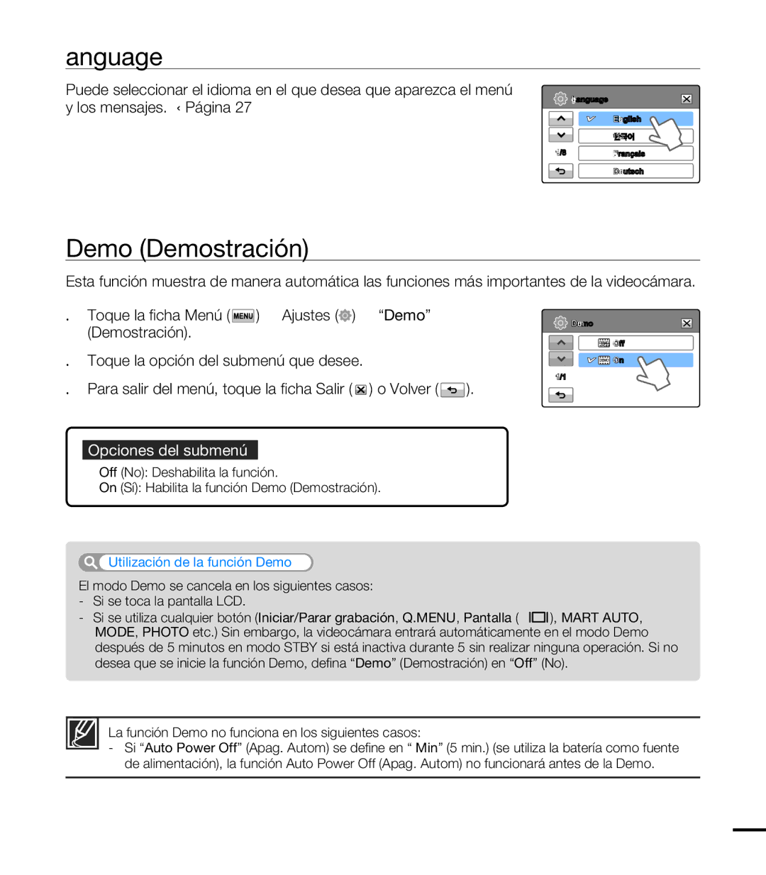 Samsung HMX-T10BP/EDC, HMX-T10WP/EDC manual Language, Demo Demostración, Utilización de la función Demo 