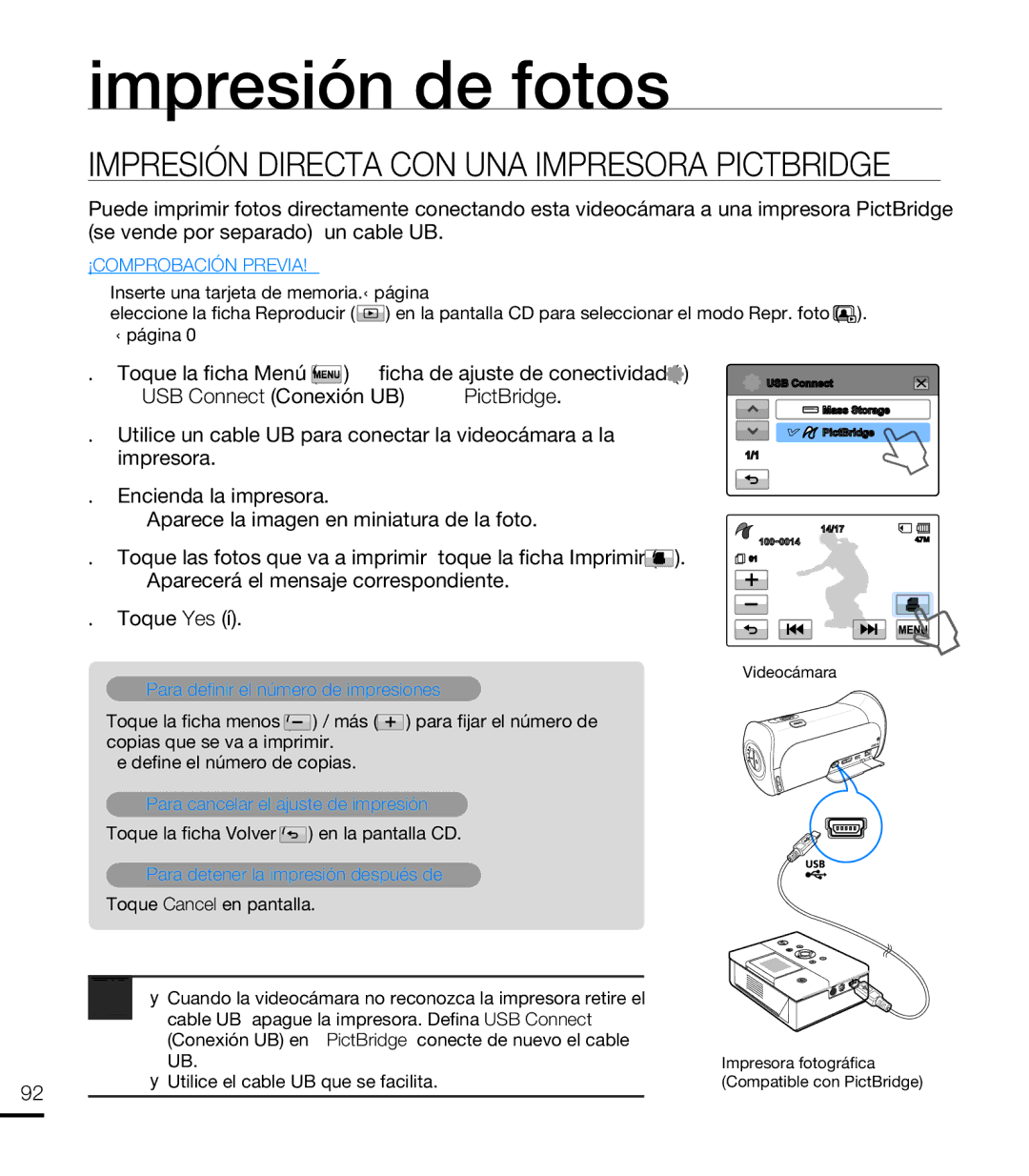 Samsung HMX-T10WP/EDC, HMX-T10BP/EDC manual Impresión de fotos, Impresión Directa CON UNA Impresora Pictbridge 