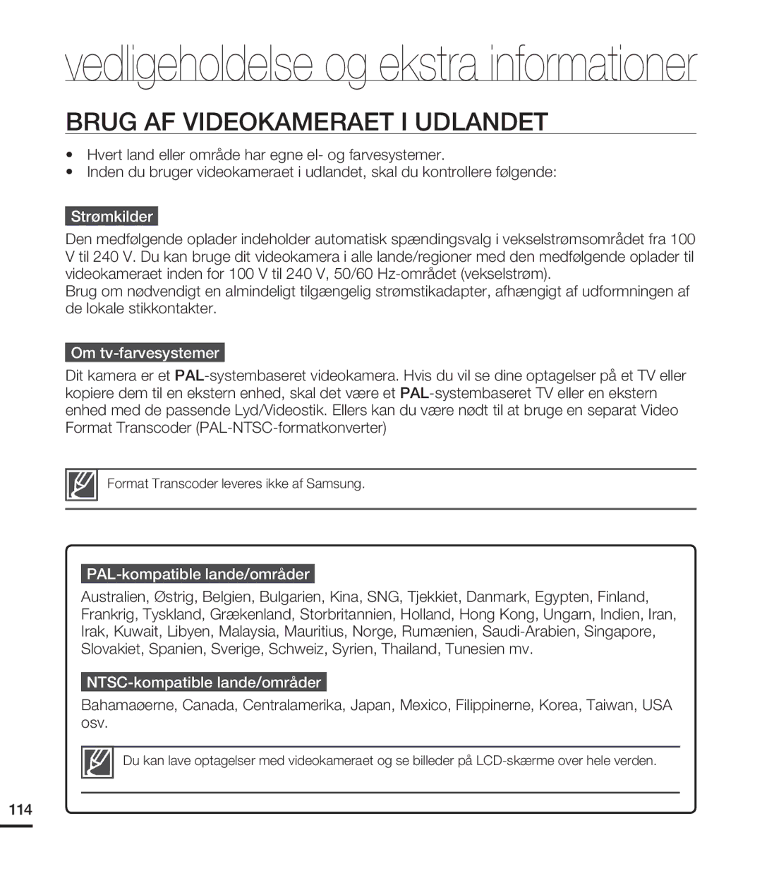 Samsung HMX-T10WP/EDC Brug AF Videokameraet I Udlandet, Strømkilder, Om tv-farvesystemer, PAL-kompatible lande/områder 