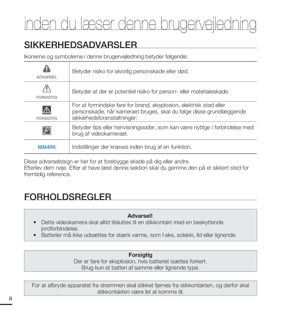 Samsung HMX-T10WP/EDC, HMX-T10BP/EDC manual Sikkerhedsadvarsler, Forholdsregler, Sikkerhedsforanstaltninger 