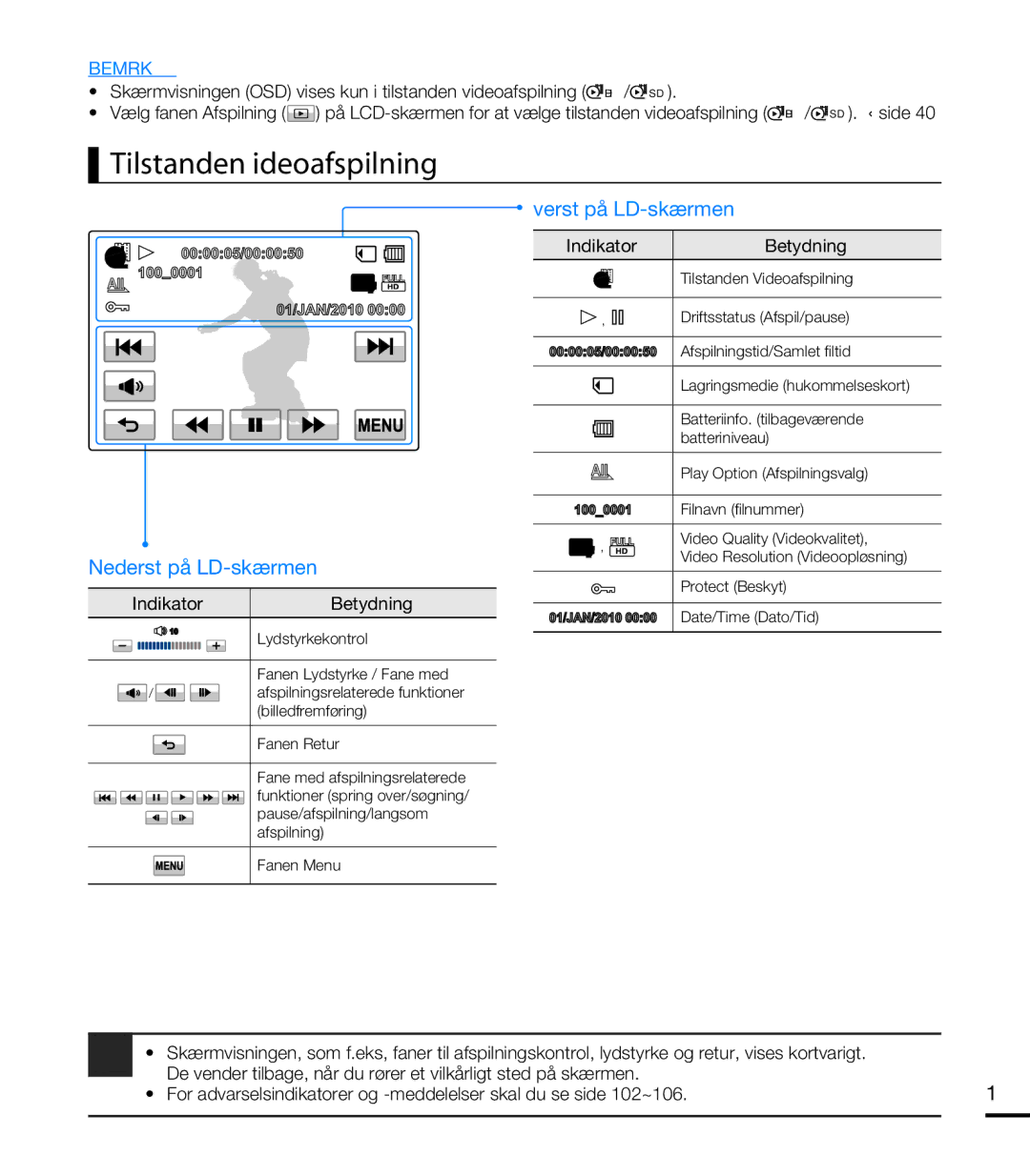 Samsung HMX-T10BP/EDC, HMX-T10WP/EDC manual Tilstanden Videoafspilning, Nederst på LCD-skærmen 