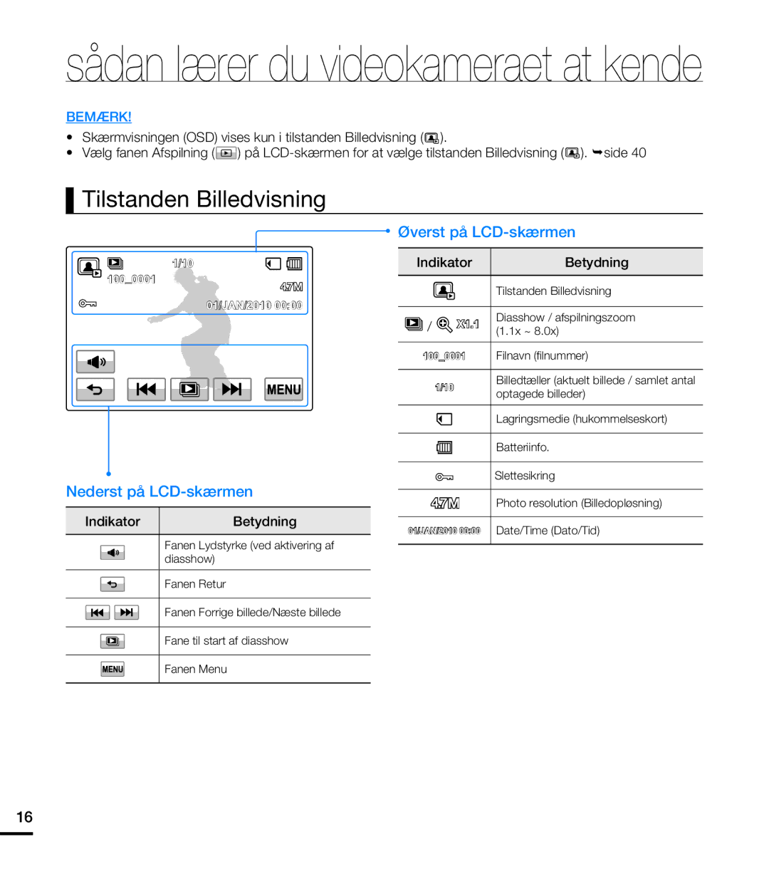 Samsung HMX-T10WP/EDC, HMX-T10BP/EDC manual Tilstanden Billedvisning 