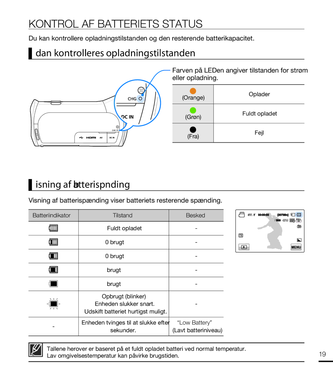 Samsung HMX-T10BP/EDC Kontrol AF Batteriets Status, Sådan kontrolleres opladningstilstanden, Visning af batterispænding 