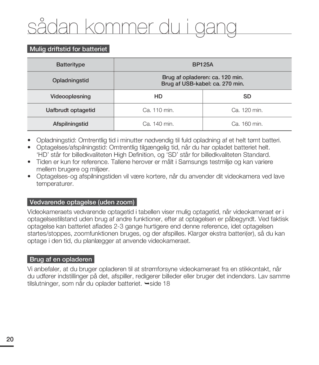 Samsung HMX-T10WP/EDC Mulig driftstid for batteriet, Vedvarende optagelse uden zoom, Brug af en opladeren, Afspilningstid 