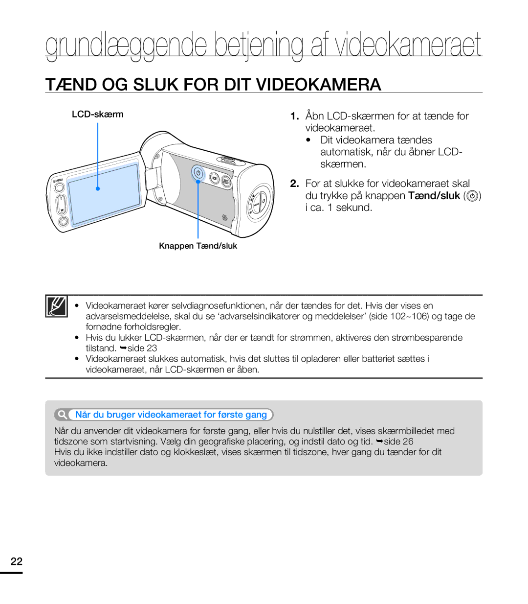 Samsung HMX-T10WP/EDC, HMX-T10BP/EDC manual Tænd OG Sluk for DIT Videokamera 