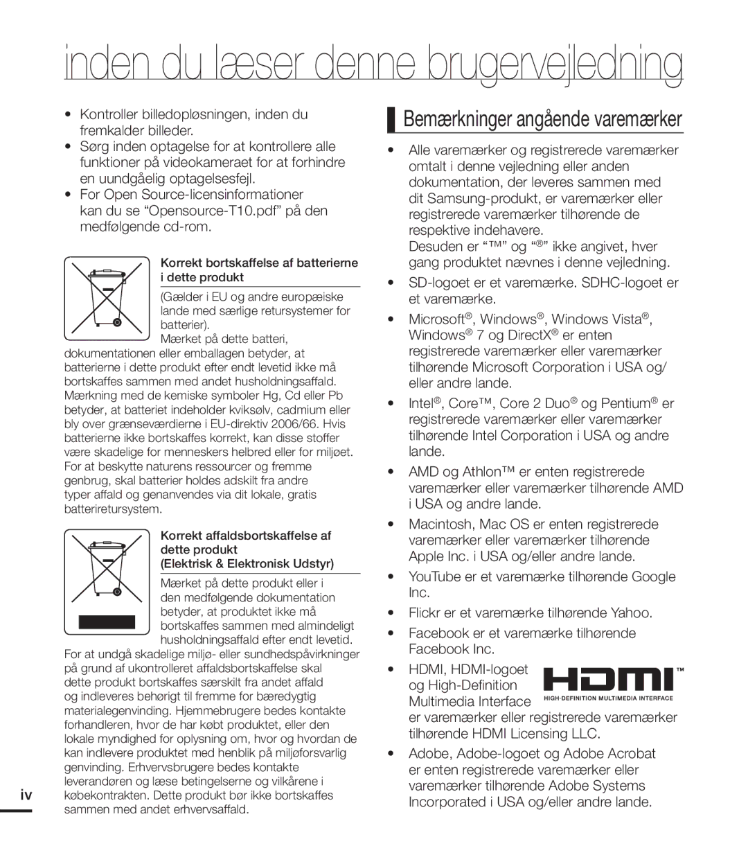 Samsung HMX-T10WP/EDC manual Korrekt bortskaffelse af batterierne i dette produkt, Batterier Mærket på dette batteri 