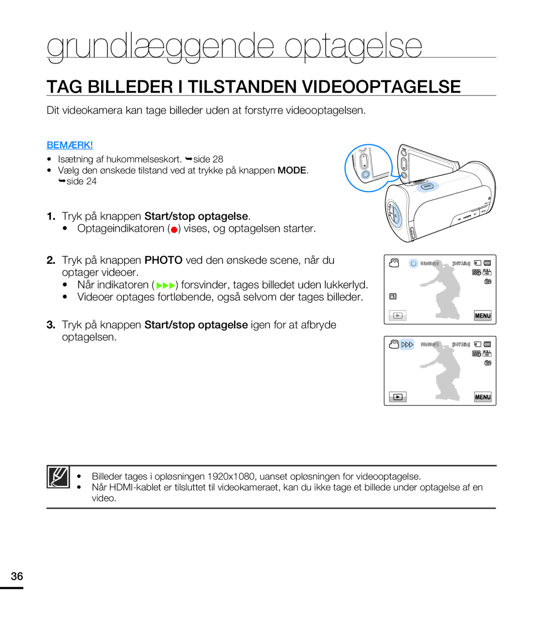 Samsung HMX-T10WP/EDC, HMX-T10BP/EDC manual TAG Billeder I Tilstanden Videooptagelse 