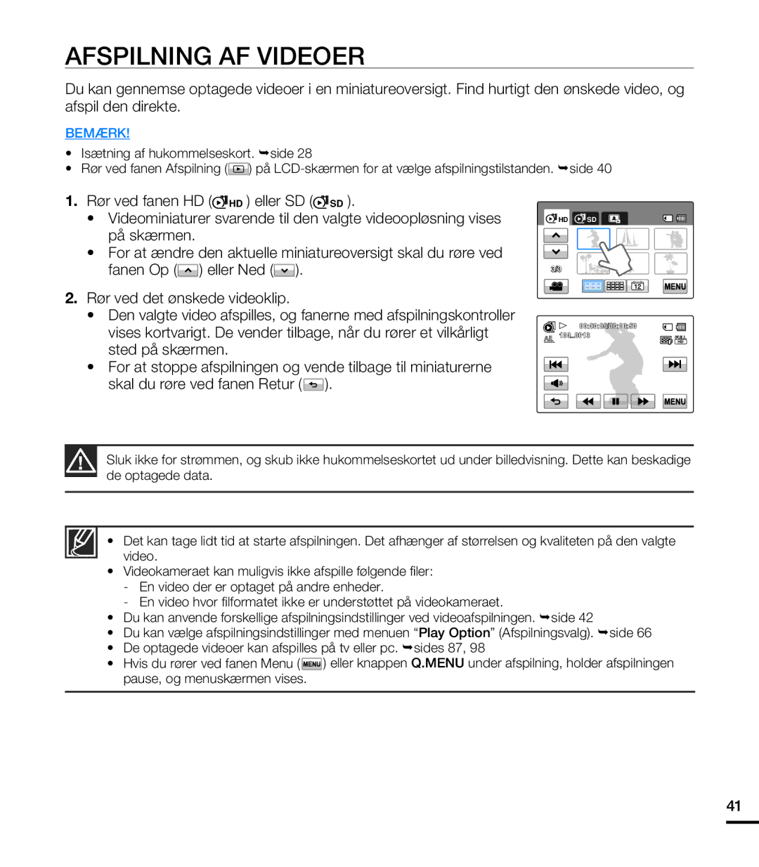 Samsung HMX-T10BP/EDC, HMX-T10WP/EDC manual Afspilning AF Videoer 