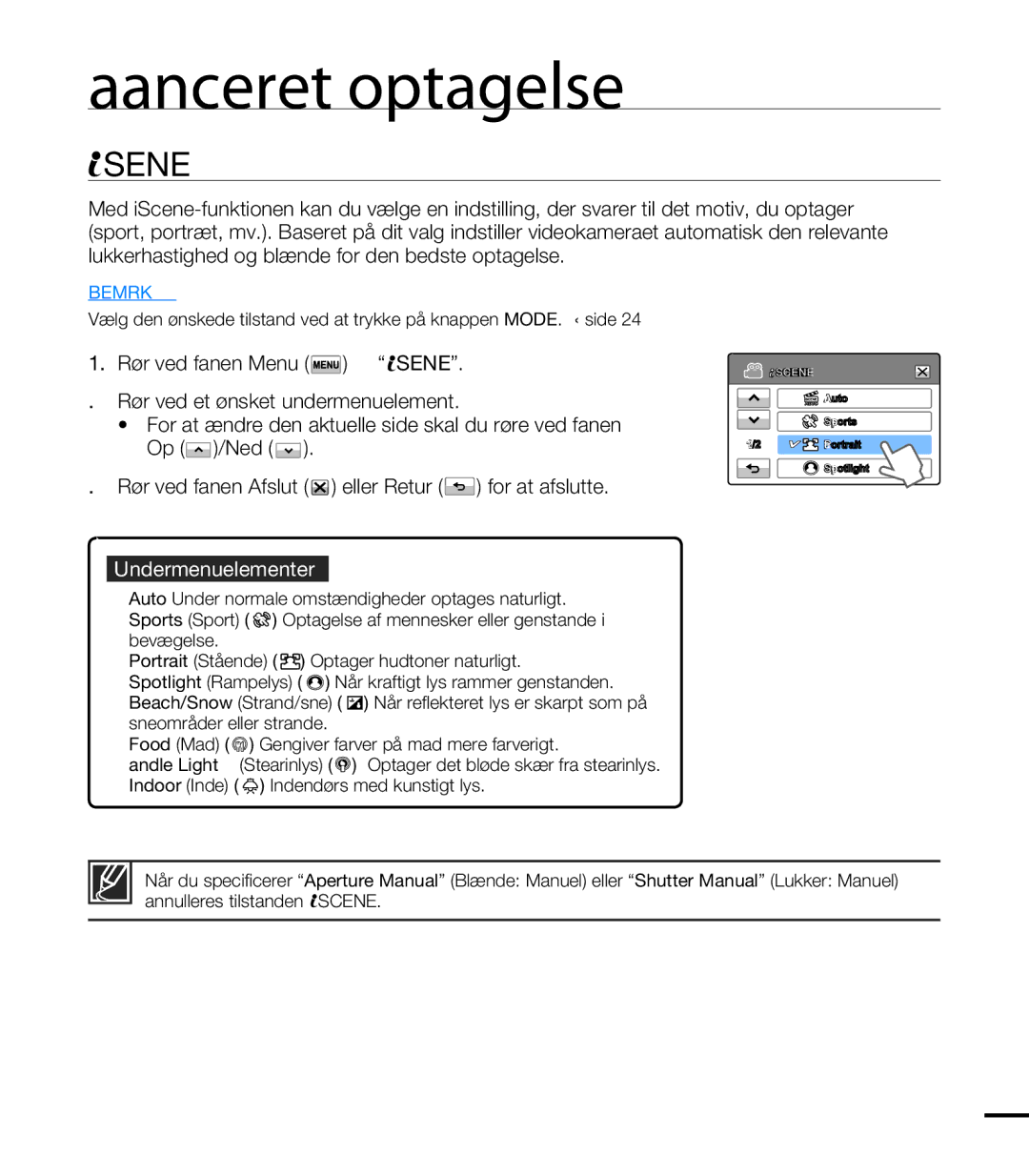 Samsung HMX-T10BP/EDC, HMX-T10WP/EDC manual Avanceret optagelse, Scene, Undermenuelementer 