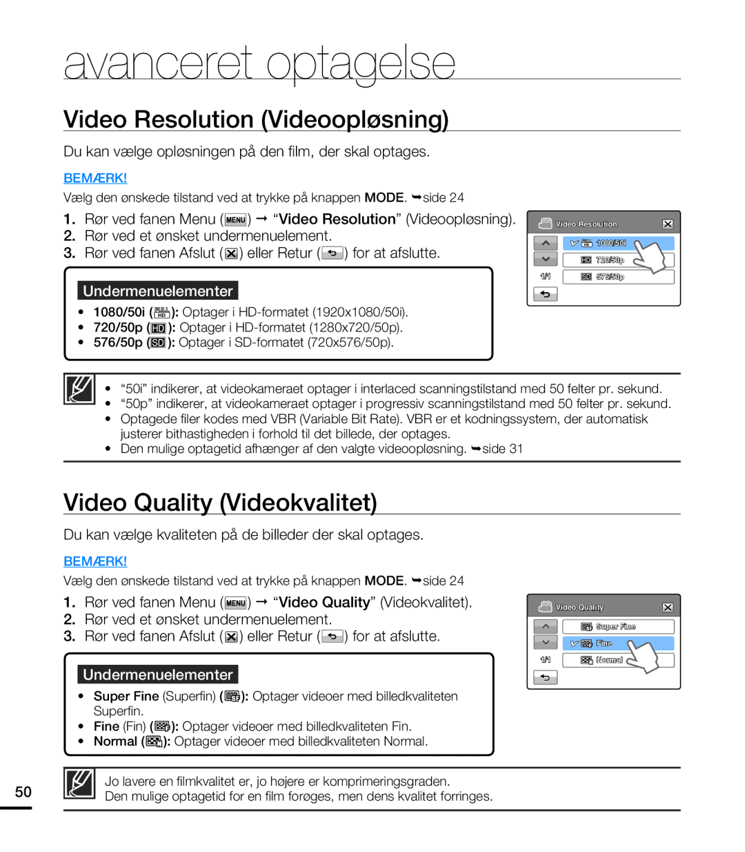 Samsung HMX-T10WP/EDC, HMX-T10BP/EDC manual Video Resolution Videoopløsning, Video Quality Videokvalitet 