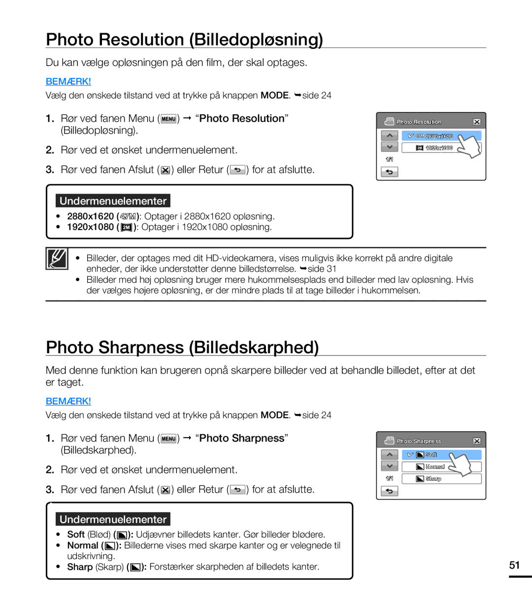 Samsung HMX-T10BP/EDC, HMX-T10WP/EDC manual Photo Resolution Billedopløsning, Photo Sharpness Billedskarphed 