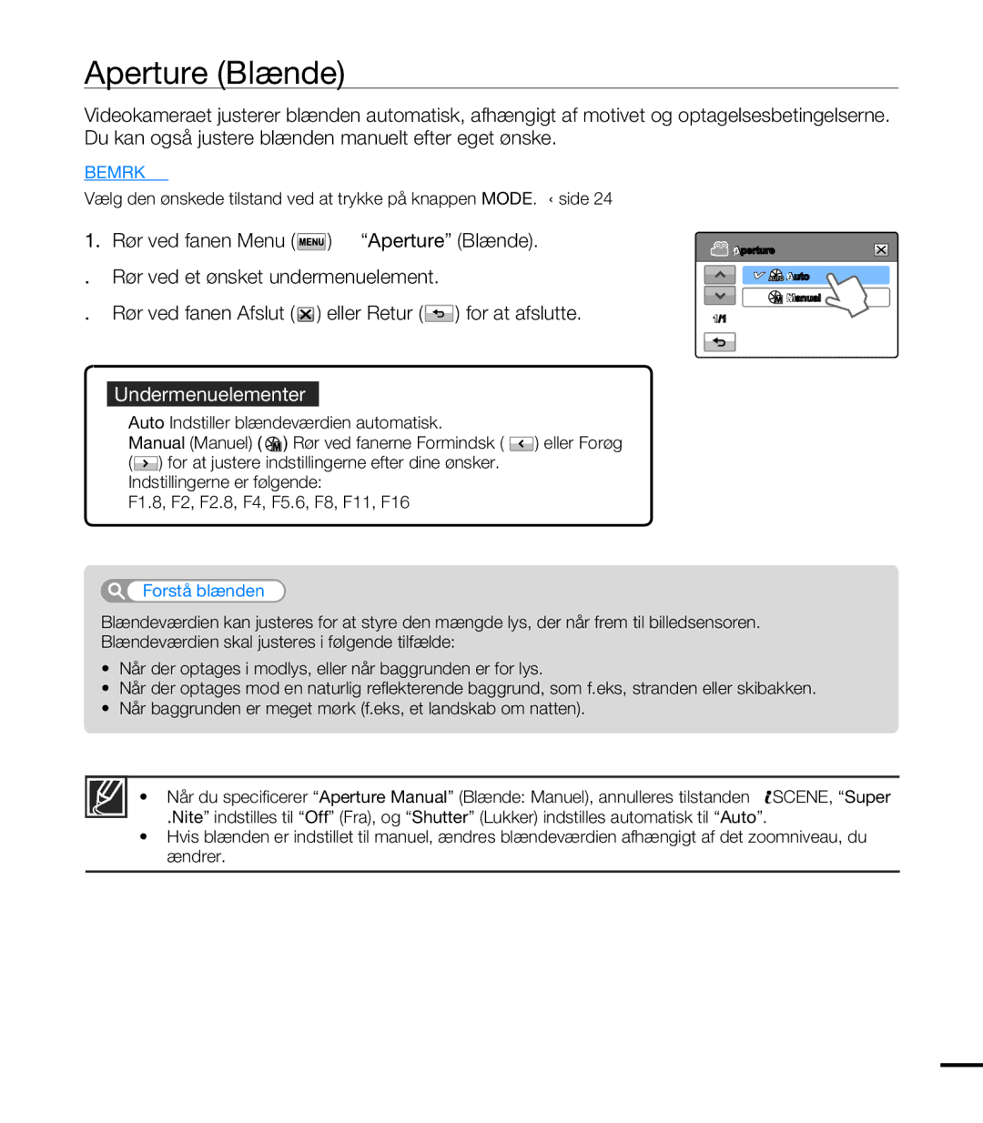 Samsung HMX-T10BP/EDC, HMX-T10WP/EDC manual Aperture Blænde, Forstå blænden 