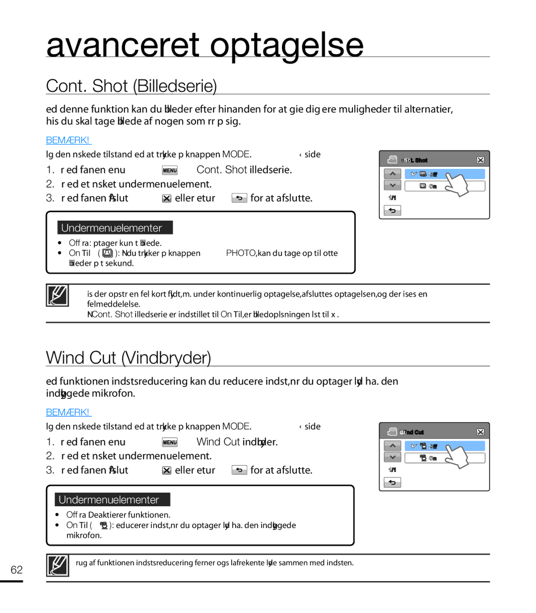 Samsung HMX-T10WP/EDC, HMX-T10BP/EDC manual Cont. Shot Billedserie, Wind Cut Vindbryder 