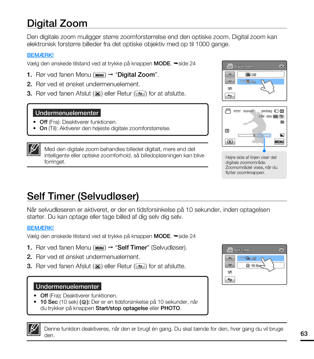 Samsung HMX-T10BP/EDC, HMX-T10WP/EDC manual Digital Zoom, Self Timer Selvudløser, Den 