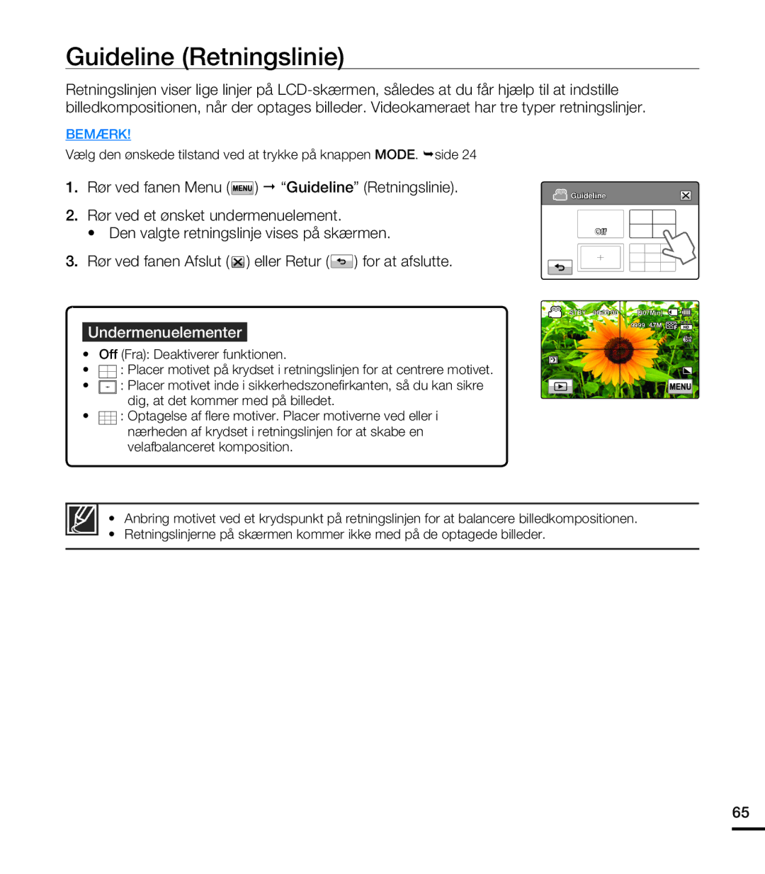 Samsung HMX-T10BP/EDC, HMX-T10WP/EDC manual Rør ved fanen Menu  Guideline Retningslinie 