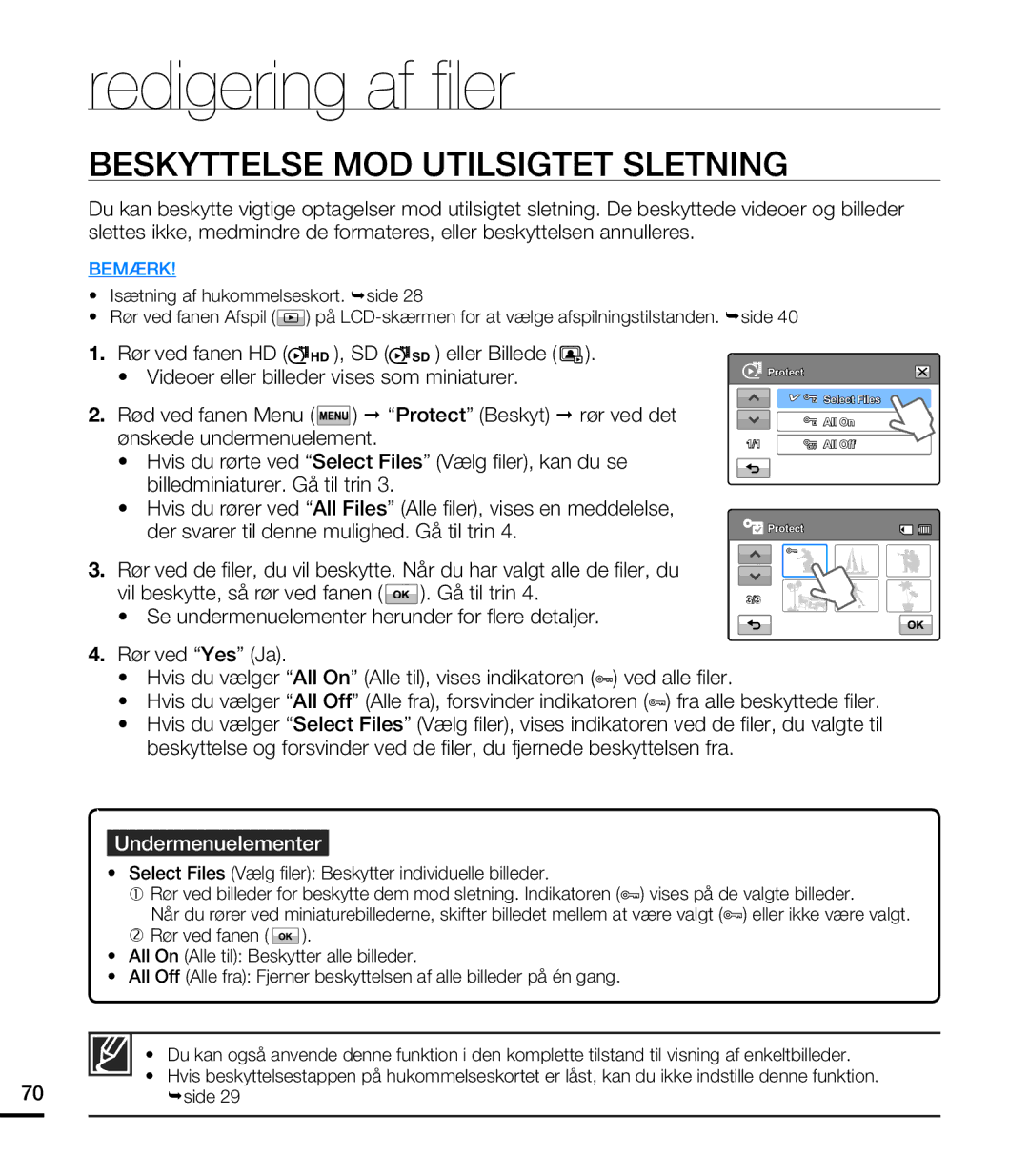 Samsung HMX-T10WP/EDC, HMX-T10BP/EDC manual Beskyttelse MOD Utilsigtet Sletning 