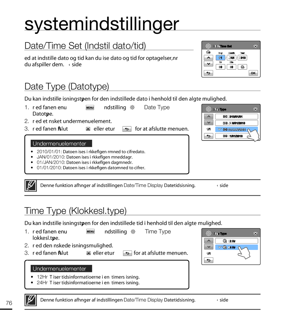 Samsung HMX-T10WP/EDC, HMX-T10BP/EDC manual Date/Time Set Indstil dato/tid, Date Type Datotype, Time Type Klokkesl.type 