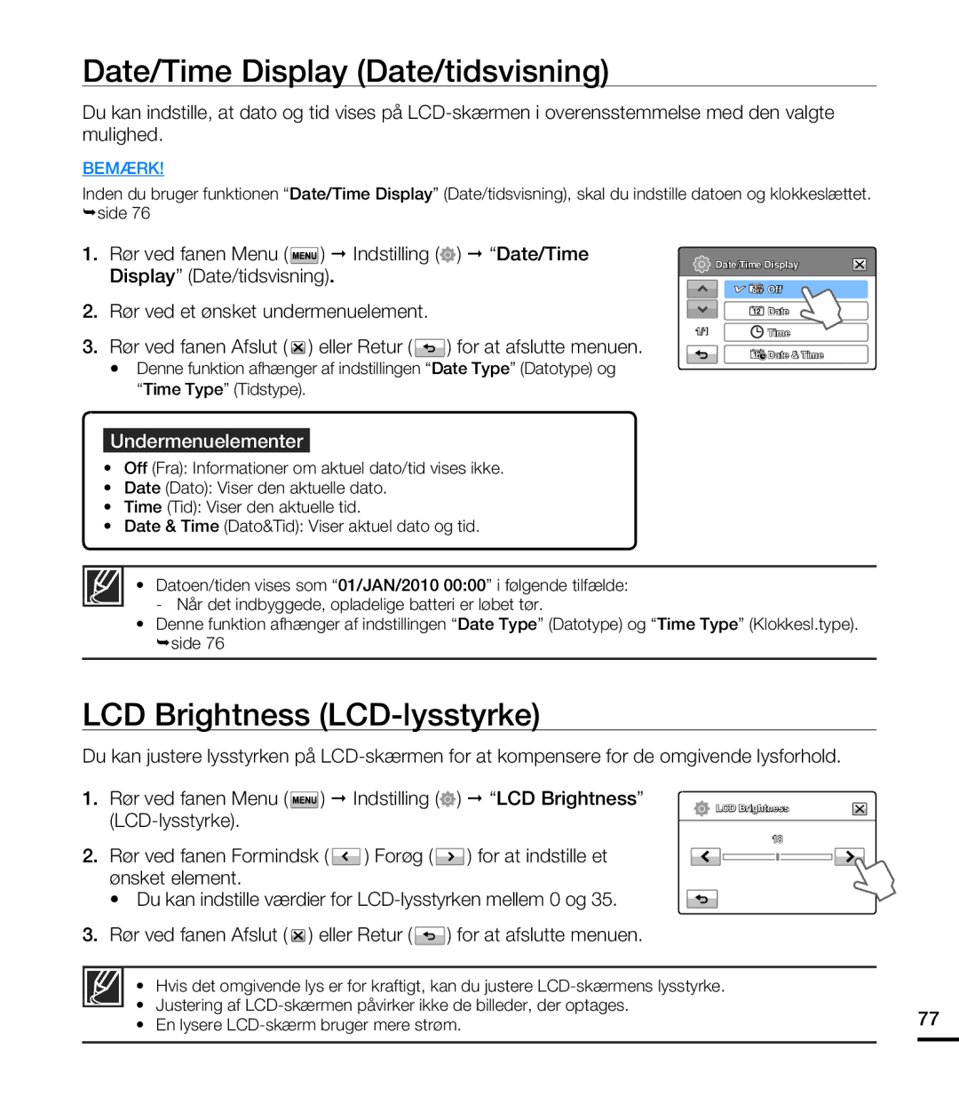 Samsung HMX-T10BP/EDC, HMX-T10WP/EDC manual Date/Time Display Date/tidsvisning, LCD Brightness LCD-lysstyrke 