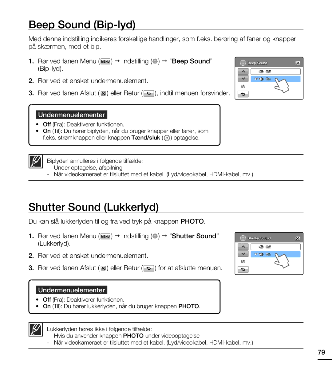 Samsung HMX-T10BP/EDC, HMX-T10WP/EDC manual Beep Sound Bip-lyd, Shutter Sound Lukkerlyd, Off Fra Deaktiverer funktionen 