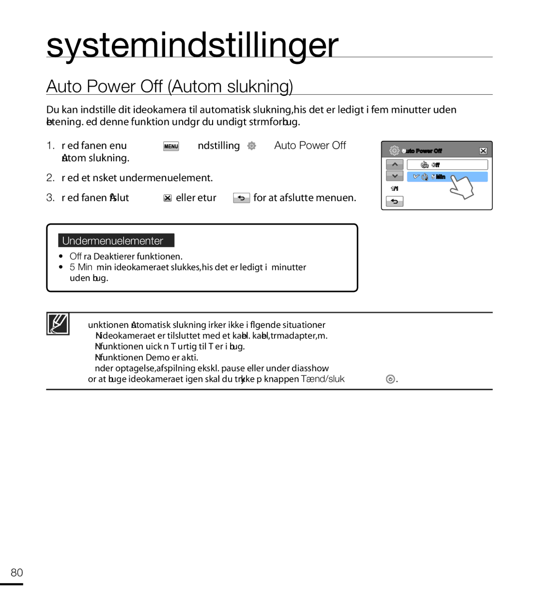 Samsung HMX-T10WP/EDC, HMX-T10BP/EDC manual Auto Power Off Autom slukning 