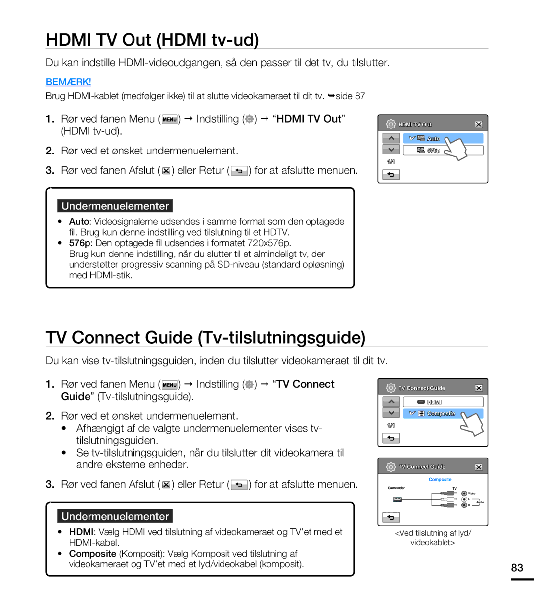 Samsung HMX-T10BP/EDC, HMX-T10WP/EDC manual Hdmi TV Out Hdmi tv-ud, TV Connect Guide Tv-tilslutningsguide 