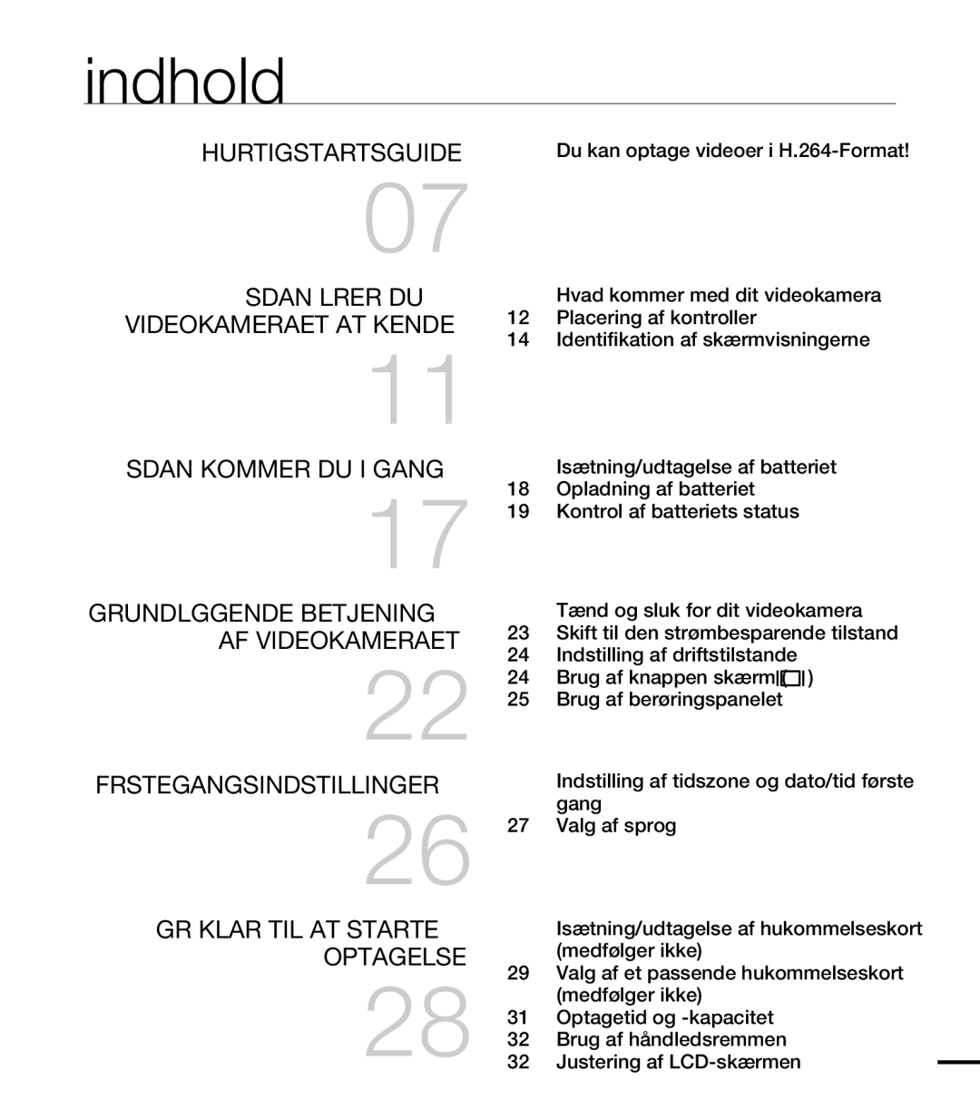 Samsung HMX-T10BP/EDC, HMX-T10WP/EDC manual Indhold, Du kan optage videoer i H.264-Format 