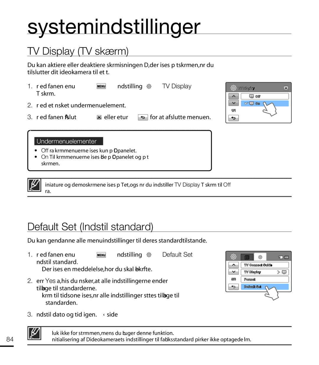 Samsung HMX-T10WP/EDC, HMX-T10BP/EDC manual TV Display TV skærm, Default Set Indstil standard 