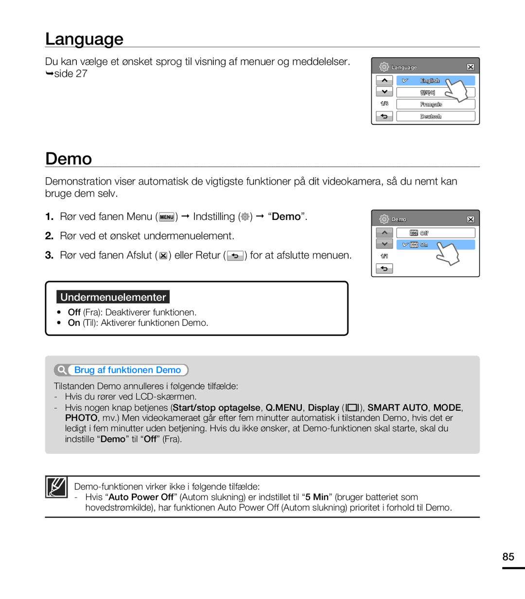 Samsung HMX-T10BP/EDC, HMX-T10WP/EDC manual Language, Brug af funktionen Demo 