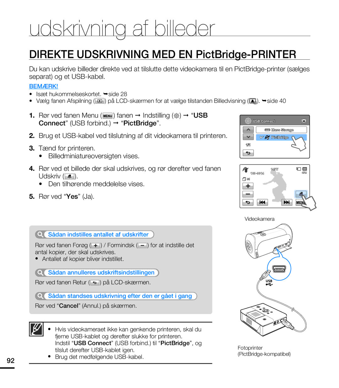 Samsung HMX-T10WP/EDC, HMX-T10BP/EDC manual Udskrivning af billeder, Direkte Udskrivning MED EN PictBridge-PRINTER 