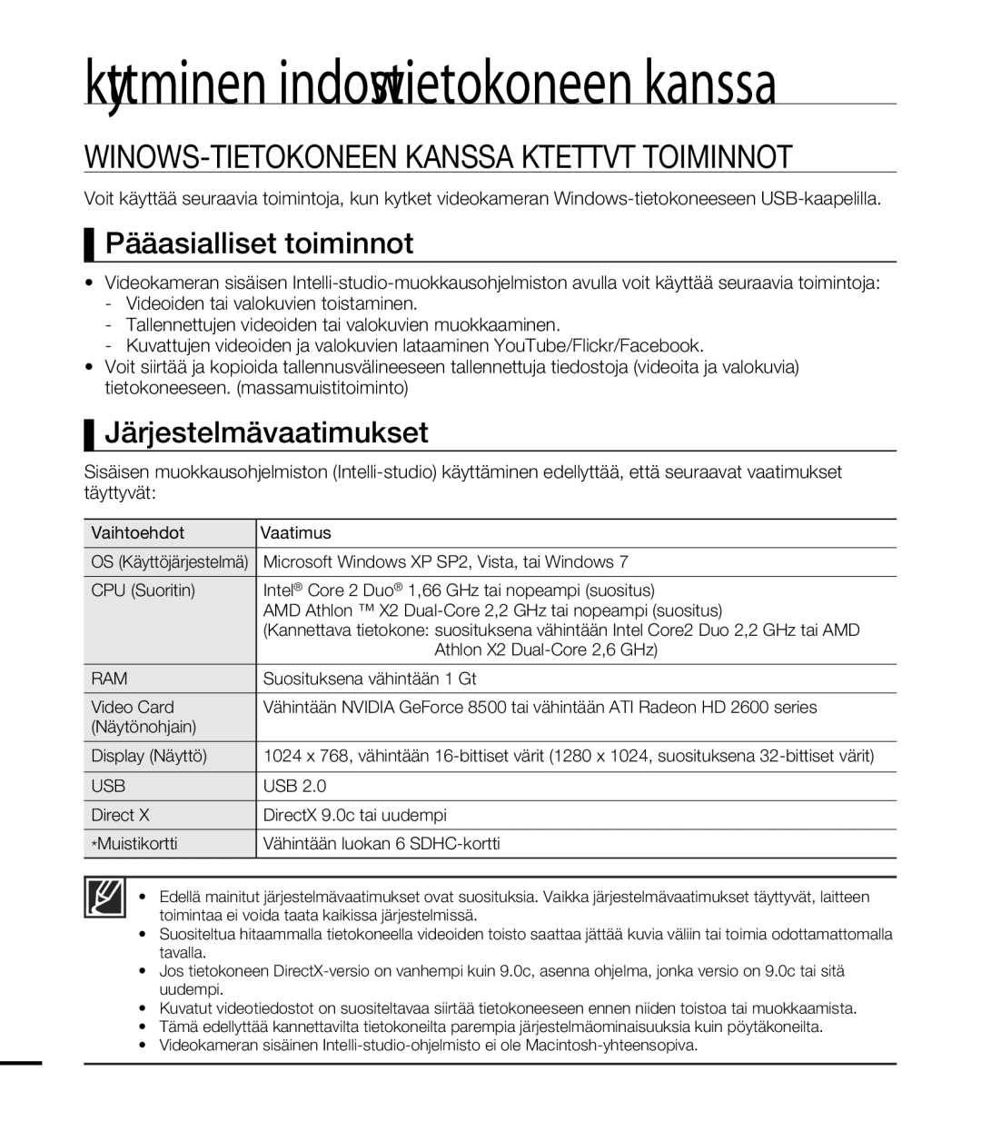 Samsung HMX-T10WP/EDC, HMX-T10BP/EDC manual Pääasialliset toiminnot, Järjestelmävaatimukset 